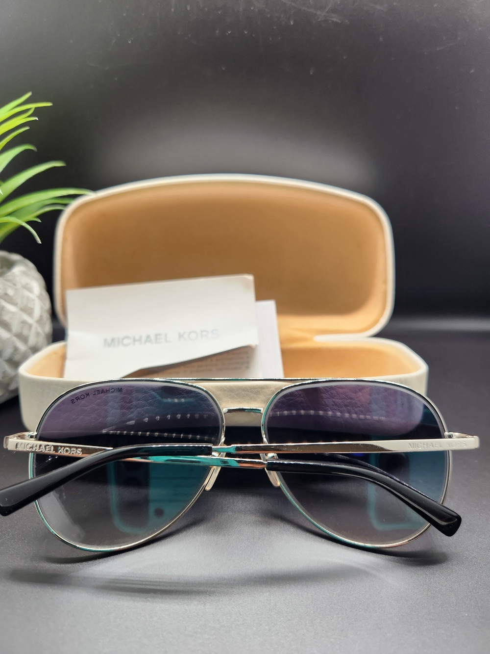 Michael Kors Aviator Sunglasses - Gold Frame with Gradient Blue-Brown Lenses - Picture 4 of 6